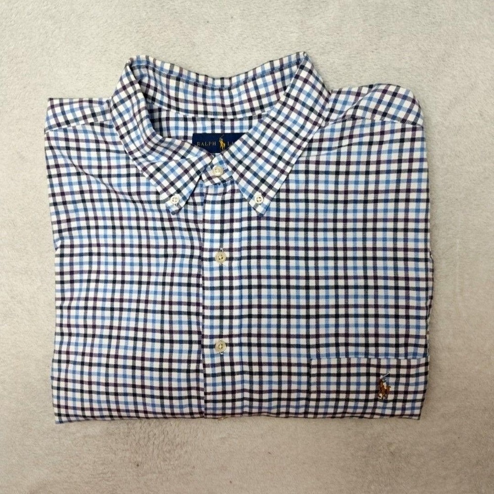 Ralph Lauren Shirt Mens Big 3X Blue Plaid Oxford OCBD Button-Down Flesh Pony